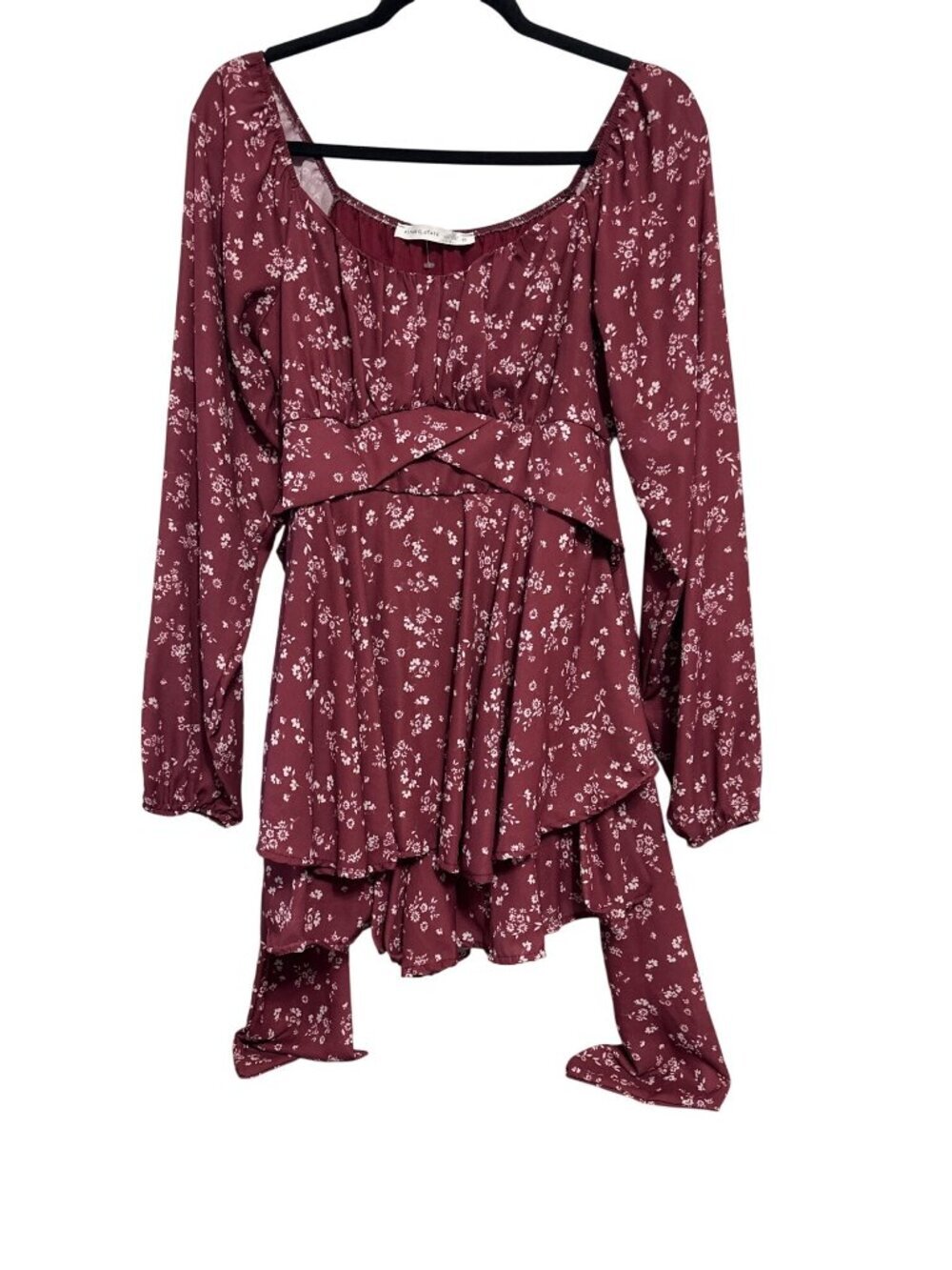 Floral Burgundy Long-Sleeve Ruffle Mini Dress With Waist Tie Square Neckline & F